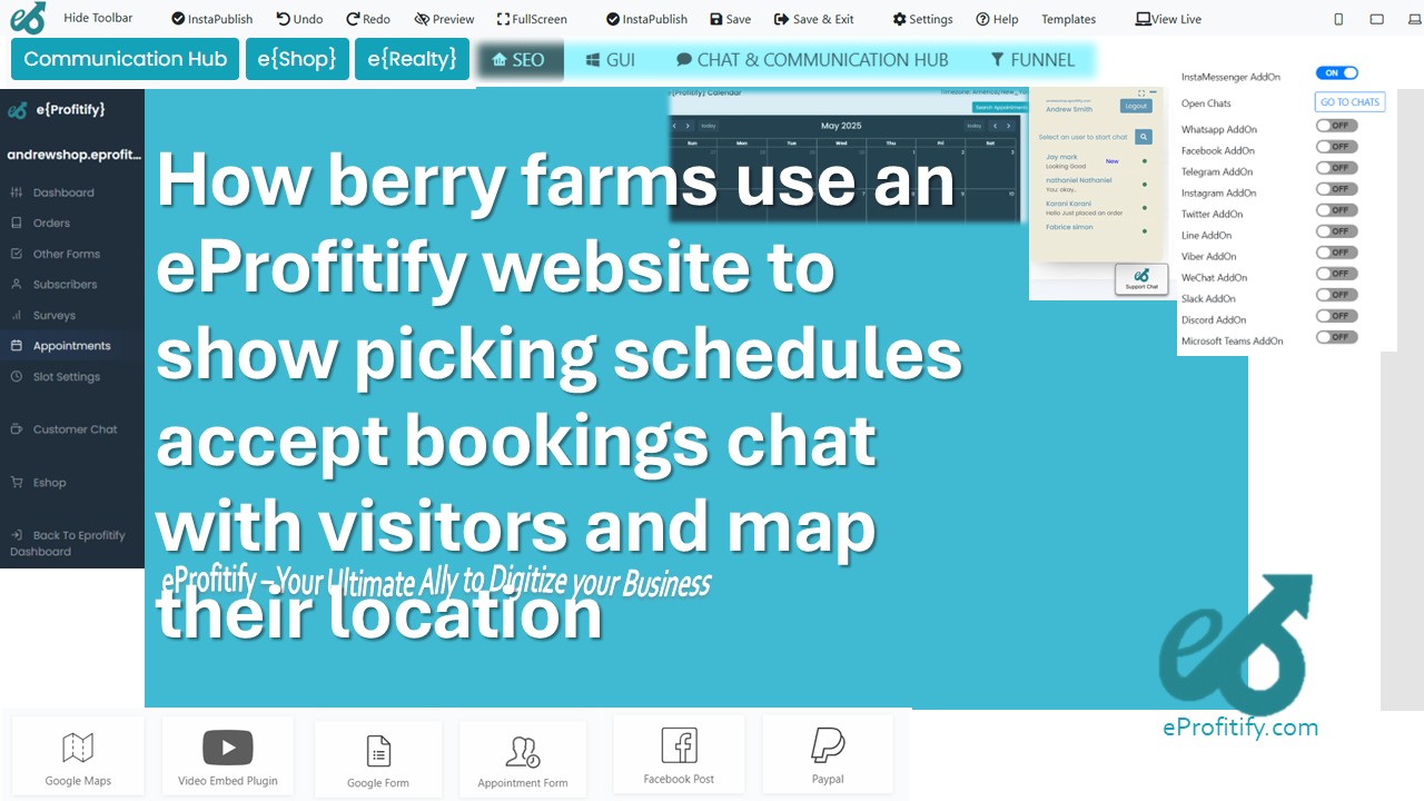 How berry farms use an eProfitify website to show picking schedules accept bookings chat with visitors and map their location